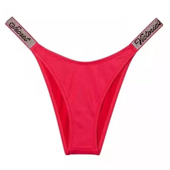 New! Victoria’s Secret Red Shine Strap Logo Brazilian Bikini Bottom 4578 - Picture 1 of 9